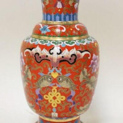 1202	CLOISONNE VASE W/FISH & FLOWERS ON A RED GROUND, 10 IN HIGH
