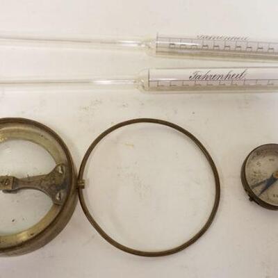 1076	ANTIQUE SCIENTIFIC LOT INCLUDING DIPPING NEEDLE, COMPASS, & 2 GLASS THERMOMETERS, THERMOMETERS ARE 12 IN LONG
