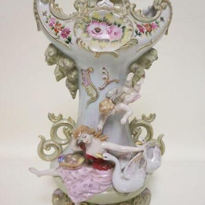 1028	BETSON HAND PAINTED VASE W/APPLIED LADY, CHERUB, & SWANS, 15 3/4 IN HIGH
