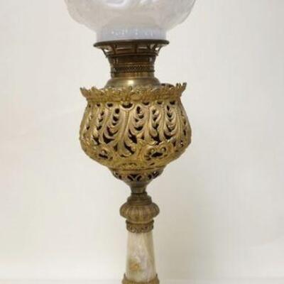 1072	VICTORIAN BANQUET LAMP W/ONYX INSERT IN THE STEM, HAND PAINTED SHADE, HAS HIGH RELIEF LION HEADS
