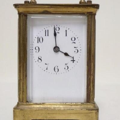 1067	FRENCH CARRIAGE CLOCK, BRASS & BEVELED GLASS, 3 1/4 IN WIDE X 2 1/2 IN DEEP X 4 1/2 IN HIGH
