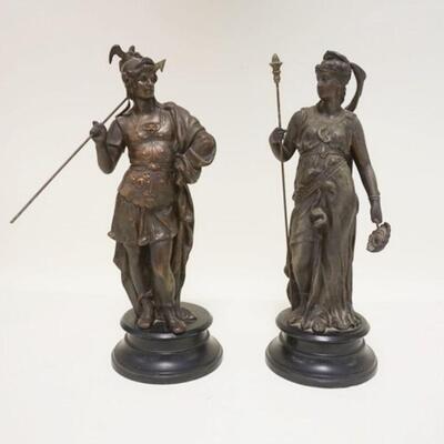 1032	PAIR OF VICTORIAN METAL STATUES, A WARRIOR & A LADY, 14 IN HIGH
