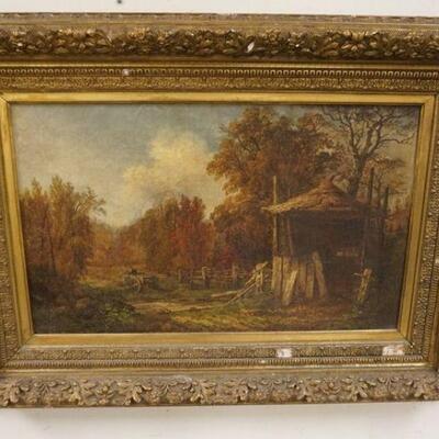 1095	ANTIQUE OIL PAINTING ON CANVAS OF MAN ON HORSE DRAWN WAGON RIDING DOWN A WOODED TRAIL, HAS TEARS & A BACKING APPLIED, SIGNED LOWER...