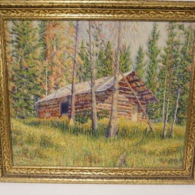 1091	OIL PAINTING ON CANVAS BY CATHERINE REBECCA HULDA WOOLSTON GOODRICH, 1871-1947, TITLED *PROSPECTORS* DESERTED CABIN 1934, IMAGE IS...