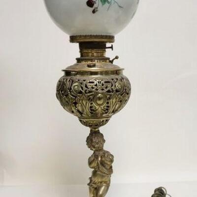 1071	FIGURAL VICTORIAN BANQUET LAMP, ELECTRIFIED, HAND PAINTED SHADE, 29 3*4 IN TO TOP OF CHIMNEY
