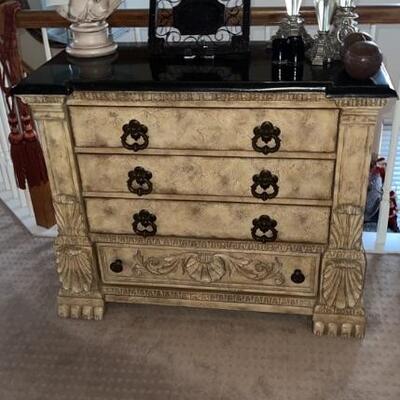 Table / Dresser with 4 Drawers and Black Marble Top 42â€ x 20â€ x 34â€