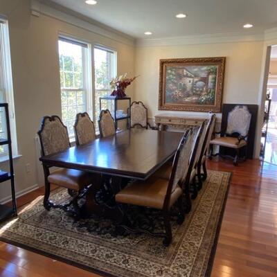Theodore Alexander Dining Table with Extra Leaf, 2 Captain Chairs, 6 Additional Chairs, 92â€ x 48â€, Leaf 28â€ x 48â€