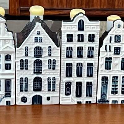 (6) KLM Blue Delft House Figurine Collectibles. Includes numbers; 1, 2, 10, 37, 67 and 69. All in good condition.