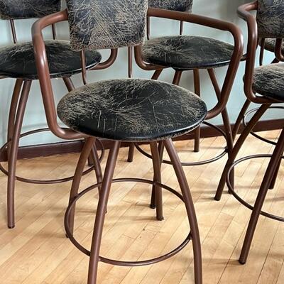 Set of Five Metal Base Barstools with Distressed Leather Seating. Seat height of 25