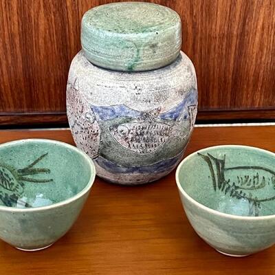Fish and Bird Motif Pottery Items. The fish lidded jar has a truly lovely design and measures measuring 6