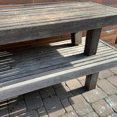 Two Outdoor Wooden Benches with wear associated being used outside. Each measures 72