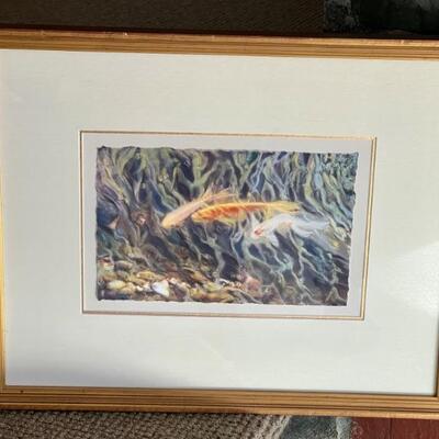 Beautiful Framed Art by Joan Solomon depicting a very peaceful koi fish scene. Measures 19