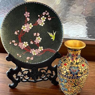 CloisonnÃ© Plate & Enamel and Gold Tone Vase. There are some dents in the vase measuring 6