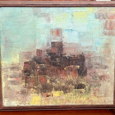 Framed Abstract Oil on Board with natural cracking on the paint. Measures 26