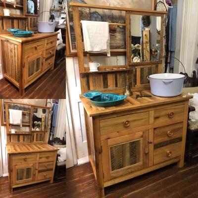 Reclaimed white oak wood wash stand with mirror