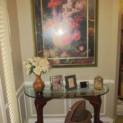 GLASS TOP ENTRY TABLE OR SOFA TABLE WITH WOOD BASE, CUTE WICKER FROG BASKET, LARGE GOLD FRAMED FLORAL ART PRINT