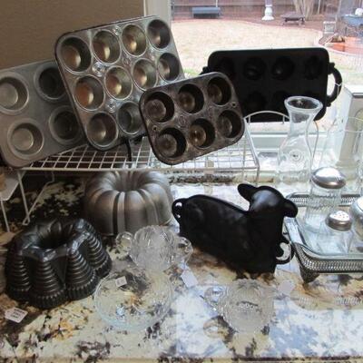 VINTAGE & ANTIQUE TINS & BAKEWARE & BUTTER MOLDS, CRYSTAL SUGAR & CREAMER, ANTIQUE CAST-IRON.