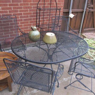 WROUGHT-IRON PATIO TABLE & ROCKING CHAIRS, WROUGHT-IRON BAKERS RACK