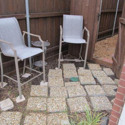 BAR CHAIRS, CAST-IRON ACCENT TABLE, SQUARE PAVING STONES