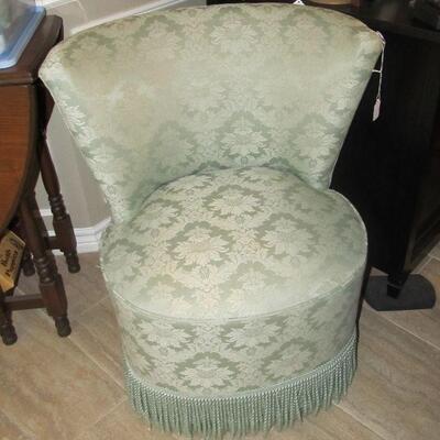 LOVELY ACCENT BOUDOIR CHAIR IN A GREEN DAMASK W/ FRINGE