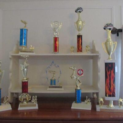 COLLECTIBLE CAR TROPHIES & WOODEN SHELF