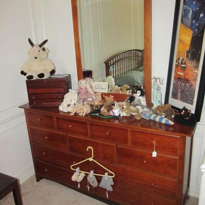 THOMASVILLE DRESSER & MIRROR, CUTE PLUSH DOLLS, & ELEGANT JEWELRY CHEST