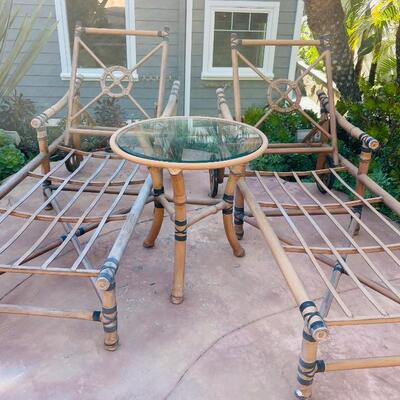 Pair of outdoor metal Loungers Bamboo style
