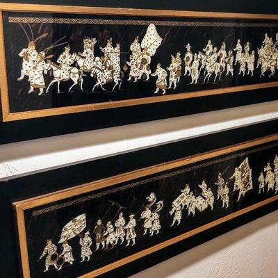 Two long Asian plaques.  Figures under glass on board.  11"(H) by 44" (L). Auction Item
