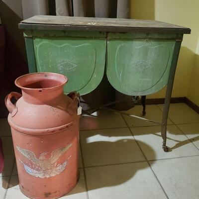 Double wash tub with original, paint,  lid and original rubber mat for top. Amazing condition. Milk can with American Eagle.