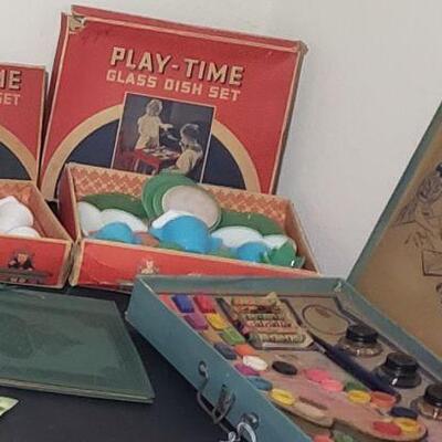1940's toy dishes and Paint, color, stencil set in case.