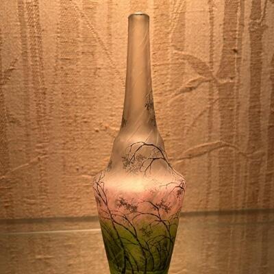 DAUM ETCHED AND ENAMELED GLASS RAIN VASE. Circa 1900. Enameled DAUM, NANCY