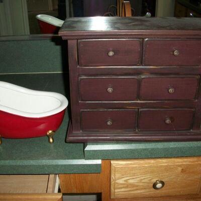 Red and White Claw foot tub decor item ; Wood 6 Drawer Jewelry box