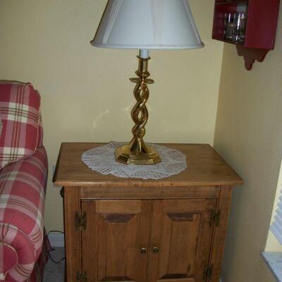 Wood 2 door End Table ; Brass Twist 3-way Table Lamp