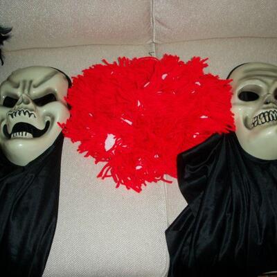 2 - Skeleton Face Masks ; Red Yarn Wig