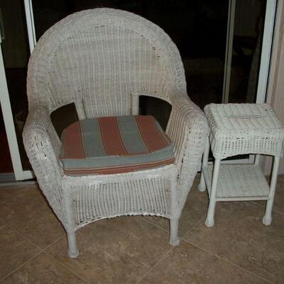 Modern White Wicker Chair and End Table