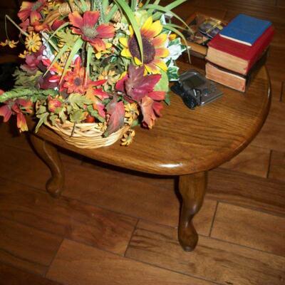 Small Wood Oval End Table ; Faux Floral Arrangement