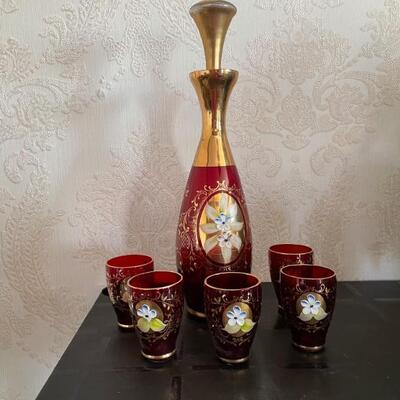 Vintage SEYEI Victorian Glass Ruby Decanter Set Hand Painted Enameled Decoration