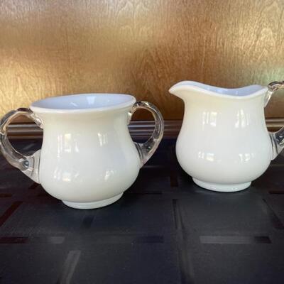 VintageMilk Glass Sugar and Creamer Set Clear Hand Blown Handles