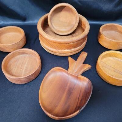(7) Wooden Bowls: 6-Thai Monkey Pod Set & 
1-Exotic Wood Decorative Fruit Shaped Bowl