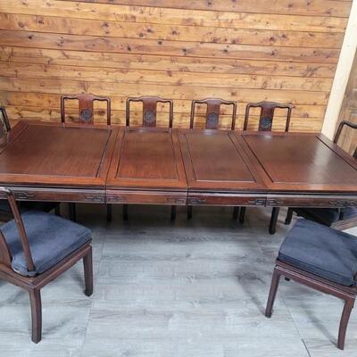 Asian Style Dining Table w/ 2 Leafs & 8 Chairs