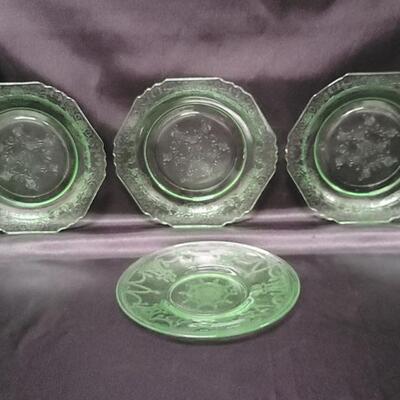 (4) Vaseline Green Depression Glass Dessert Plates