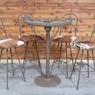 Wagon Wheel Bar Table & 4 Cowhide Bar Stools