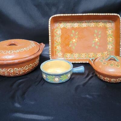 (4) Hand Crafted Pottery: 2-Lidded Bowls, Pot & Rectangular Tray