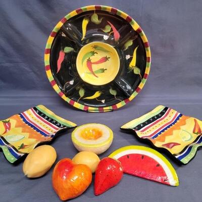 Colorful Chili Pepper Ceramic Partyware:
Chip & Dip Tray, 2- 8in Square Plates & Ornamental Fruit