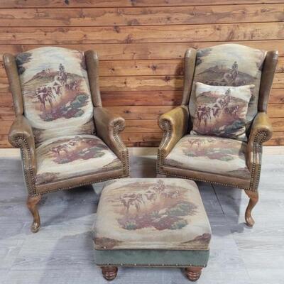 (2) Custom Western Armchair & Ottoman w/ Leather & Tapestry Cattle Drive Scene Upholstery on Chair Seat, Seat Back, and Top of Ottoman &...