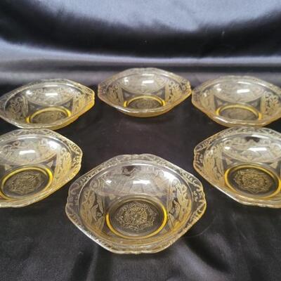 (6) Yellow Vaseline Depression Glass Fruit Bowls