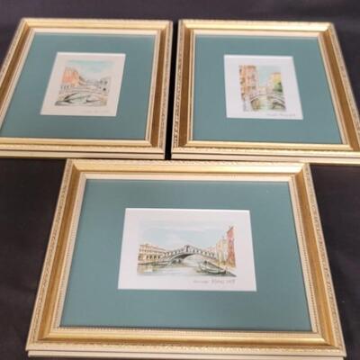 (3) Framed Watercolors of Venice Bridges