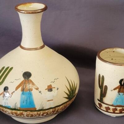 Mexican Signed Folk Art Pottery: Vase/Vessel & Cup