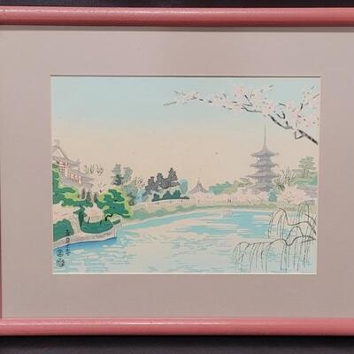 Asian Watercolor Landscape & Pagoda in Pastels