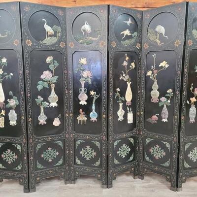 6-Panel Black Lacquered 2-Sided Asian Screen w/ Inlaid Stone Flowers and Cranes
